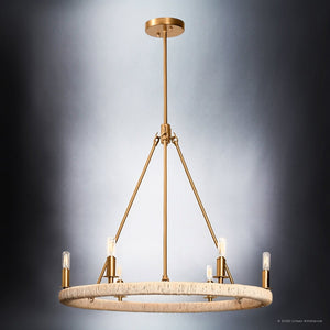 Urban Ambiance - Chandelier - UFS2033 Coastal Indoor Chandelier, 24''H x 27''W x 27''Dep, Brushed Brass Finish with Oatmeal Raffia Wrap, Ashwhim Collection -
