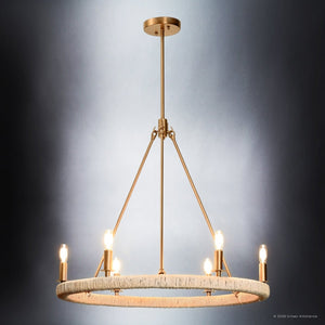Urban Ambiance - Chandelier - UFS2033 Coastal Indoor Chandelier, 24''H x 27''W x 27''Dep, Brushed Brass Finish with Oatmeal Raffia Wrap, Ashwhim Collection -