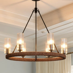 Urban Ambiance - Chandelier - UFS2034 Coastal Indoor Chandelier, 24''H x 27''W x 27''Dep, Fluted/Ribbed Glass Shades, Matte Black Finish with Tobacco Raffia Wrap, Ashwhim Collection -