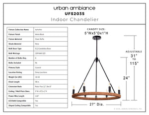 Urban Ambiance - Chandelier - UFS2035 Coastal Indoor Chandelier, 24''H x 27''W x 27''Dep, Matte Black Finish with Tobacco Raffia Wrap, Ashwhim Collection -
