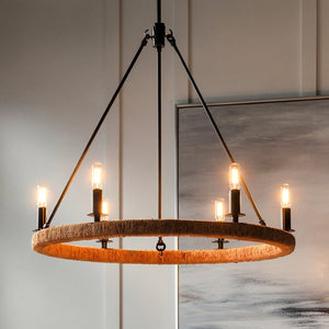 Urban Ambiance - Chandelier - UFS2035 Coastal Indoor Chandelier, 24''H x 27''W x 27''Dep, Matte Black Finish with Tobacco Raffia Wrap, Ashwhim Collection -