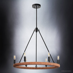 Urban Ambiance - Chandelier - UFS2035 Coastal Indoor Chandelier, 24''H x 27''W x 27''Dep, Matte Black Finish with Tobacco Raffia Wrap, Ashwhim Collection -
