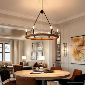 Urban Ambiance - Chandelier - UFS2035 Coastal Indoor Chandelier, 24''H x 27''W x 27''Dep, Matte Black Finish with Tobacco Raffia Wrap, Ashwhim Collection -