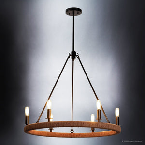 Urban Ambiance - Chandelier - UFS2035 Coastal Indoor Chandelier, 24''H x 27''W x 27''Dep, Matte Black Finish with Tobacco Raffia Wrap, Ashwhim Collection -