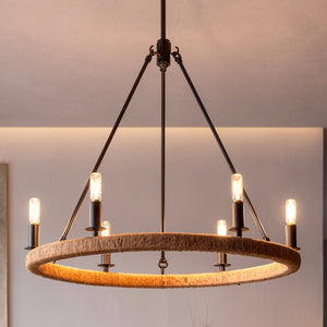 Urban Ambiance - Chandelier - UFS2035 Coastal Indoor Chandelier, 24''H x 27''W x 27''Dep, Matte Black Finish with Tobacco Raffia Wrap, Ashwhim Collection -