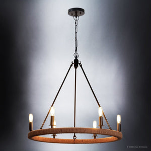 Urban Ambiance - Chandelier - UFS2035 Coastal Indoor Chandelier, 24''H x 27''W x 27''Dep, Matte Black Finish with Tobacco Raffia Wrap, Ashwhim Collection -