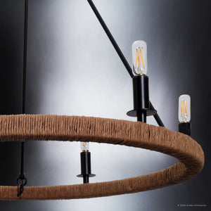 Urban Ambiance - Chandelier - UFS2035 Coastal Indoor Chandelier, 24''H x 27''W x 27''Dep, Matte Black Finish with Tobacco Raffia Wrap, Ashwhim Collection -