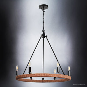 Urban Ambiance - Chandelier - UFS2035 Coastal Indoor Chandelier, 24''H x 27''W x 27''Dep, Matte Black Finish with Tobacco Raffia Wrap, Ashwhim Collection -