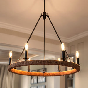Urban Ambiance - Chandelier - UFS2035 Coastal Indoor Chandelier, 24''H x 27''W x 27''Dep, Matte Black Finish with Tobacco Raffia Wrap, Ashwhim Collection -