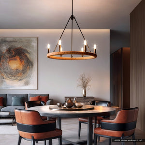 Urban Ambiance - Chandelier - UFS2035 Coastal Indoor Chandelier, 24''H x 27''W x 27''Dep, Matte Black Finish with Tobacco Raffia Wrap, Ashwhim Collection -