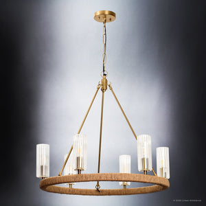 Urban Ambiance - Chandelier - UFS2036 Coastal Indoor Chandelier, 24''H x 27''W x 27''Dep, Fluted/Ribbed Glass Shades, Brushed Brass Finish with Tobacco Raffia Wrap, Ashwhim Collection -