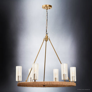 Urban Ambiance - Chandelier - UFS2036 Coastal Indoor Chandelier, 24''H x 27''W x 27''Dep, Fluted/Ribbed Glass Shades, Brushed Brass Finish with Tobacco Raffia Wrap, Ashwhim Collection -