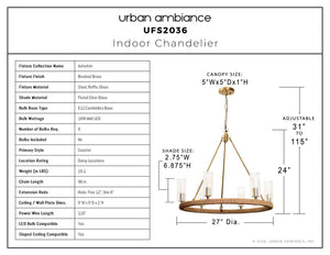 Urban Ambiance - Chandelier - UFS2036 Coastal Indoor Chandelier, 24''H x 27''W x 27''Dep, Fluted/Ribbed Glass Shades, Brushed Brass Finish with Tobacco Raffia Wrap, Ashwhim Collection -