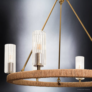 Urban Ambiance - Chandelier - UFS2036 Coastal Indoor Chandelier, 24''H x 27''W x 27''Dep, Fluted/Ribbed Glass Shades, Brushed Brass Finish with Tobacco Raffia Wrap, Ashwhim Collection -