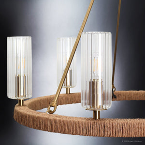 Urban Ambiance - Chandelier - UFS2036 Coastal Indoor Chandelier, 24''H x 27''W x 27''Dep, Fluted/Ribbed Glass Shades, Brushed Brass Finish with Tobacco Raffia Wrap, Ashwhim Collection -