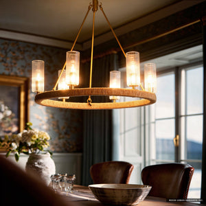 Urban Ambiance - Chandelier - UFS2036 Coastal Indoor Chandelier, 24''H x 27''W x 27''Dep, Fluted/Ribbed Glass Shades, Brushed Brass Finish with Tobacco Raffia Wrap, Ashwhim Collection -