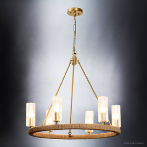 Urban Ambiance - Chandelier - UFS2036 Coastal Indoor Chandelier, 24''H x 27''W x 27''Dep, Fluted/Ribbed Glass Shades, Brushed Brass Finish with Tobacco Raffia Wrap, Ashwhim Collection -