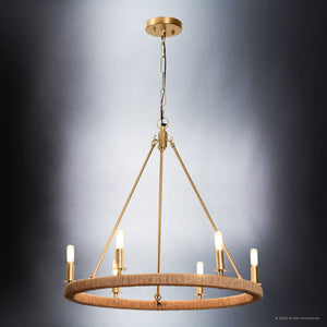 Urban Ambiance - Chandelier - UFS2037 Coastal Indoor Chandelier, 24''H x 27''W x 27''Dep, Brushed Brass Finish with Tobacco Raffia Wrap, Ashwhim Collection -