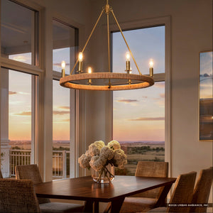 Urban Ambiance - Chandelier - UFS2037 Coastal Indoor Chandelier, 24''H x 27''W x 27''Dep, Brushed Brass Finish with Tobacco Raffia Wrap, Ashwhim Collection -