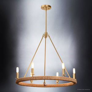 Urban Ambiance - Chandelier - UFS2037 Coastal Indoor Chandelier, 24''H x 27''W x 27''Dep, Brushed Brass Finish with Tobacco Raffia Wrap, Ashwhim Collection -
