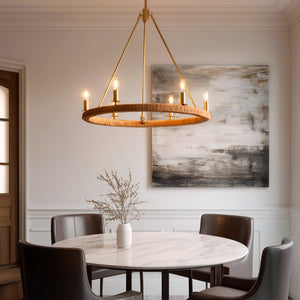 Urban Ambiance - Chandelier - UFS2037 Coastal Indoor Chandelier, 24''H x 27''W x 27''Dep, Brushed Brass Finish with Tobacco Raffia Wrap, Ashwhim Collection -