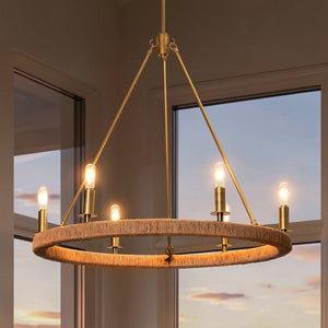 Urban Ambiance - Chandelier - UFS2037 Coastal Indoor Chandelier, 24''H x 27''W x 27''Dep, Brushed Brass Finish with Tobacco Raffia Wrap, Ashwhim Collection -