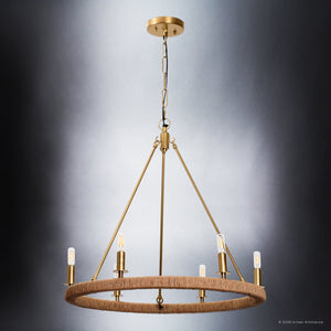 Urban Ambiance - Chandelier - UFS2037 Coastal Indoor Chandelier, 24''H x 27''W x 27''Dep, Brushed Brass Finish with Tobacco Raffia Wrap, Ashwhim Collection -