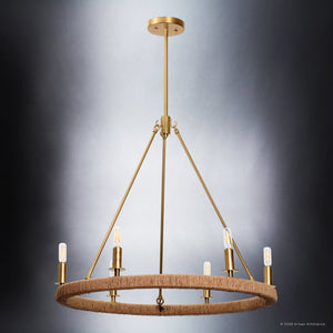Urban Ambiance - Chandelier - UFS2037 Coastal Indoor Chandelier, 24''H x 27''W x 27''Dep, Brushed Brass Finish with Tobacco Raffia Wrap, Ashwhim Collection -