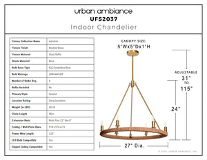 Urban Ambiance - Chandelier - UFS2037 Coastal Indoor Chandelier, 24''H x 27''W x 27''Dep, Brushed Brass Finish with Tobacco Raffia Wrap, Ashwhim Collection -