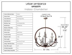 Urban Ambiance - Chandelier - UFS2371 Modern Rustic Indoor Chandelier, 29.5''H x 32''W x 32''Dep, Brushed Nickel Finish, Dunkirk Collection -