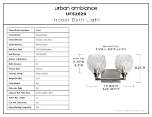 Urban Ambiance - Bath Light - UFS2620 Art Deco Indoor Bath Light, 8.25''H x 14''W x 8.25''Dep, Brushed Nickel Finish, Naples Collection -