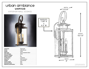 The Urban Ambiance UHP1120 Rustic Outdoor Wall Light from the Plymouth Collection features an Olde Bronze finish, a gracefully curved arm, and a clear glass enclosure. This stylish and functional outdoor wall lantern measures 19.25 inches in height, 8 inches in width, with a backplate size of 7.88 by 4.5 inches.