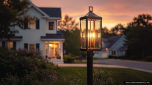 A UHP1190 Colonial Outdoor Post / Pier Light from the Calderdale Collection by Urban Ambiance, featuring an Olde Bronze finish and measuring 26-7/8″ x 9-1/2″, stands in front of a suburban house at sunset, casting a soft glow that illuminates the garden and street beyond.