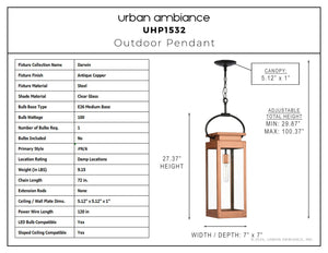 Urban Ambiance - Pendant - UHP1532 Modern Farmhouse Outdoor Pendant, 27 - 3/8''H x 7