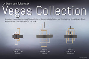 A modern black and gold pendant light from Urban Ambiance’s Vegas Collection—model UHP2781, measuring 14-5/8″ x 12″ with a midnight black finish—is displayed alongside other fixtures in the series.