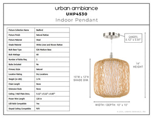 Urban Ambiance - Pendant - UHP4530 Natural Indoor Pendant, 14''H x 10