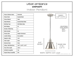 Urban Ambiance - Pendant - UHP4671 Modern Farmhouse Indoor Pendant, 8 - 5/8''H x 8 - 1/4