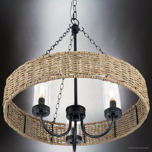 The Urban Ambiance UHP4781 Casual Indoor Chandelier from the Bexley Collection features a circular woven rope design with black metal accents and three lights. It hangs like an outdoor fixture from a chain against a neutral background and is complemented by vintage-style bulbs.
