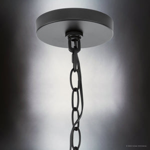 Close-up of the Urban Ambiance UHP4781 Casual Indoor Chandelier from the Bexley Collection, featuring a vintage-style bulb and a chain hanging down, all in a matte black finish.