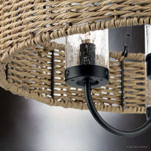 Close-up of the Urban Ambiance UHP4781 Casual Indoor Chandelier from the Bexley Collection, crafted with weather-resistant rattan and matte black metal accents, featuring glass light covers and a vintage-style bulb facing downward, measuring 21-1/2''H x 20
