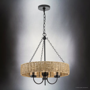 The UHP4781 Casual Indoor Chandelier from the Bexley Collection by Urban Ambiance hangs by a black chain against a gray background. This woven basket-style fixture, measuring 21-1/2''H x 20