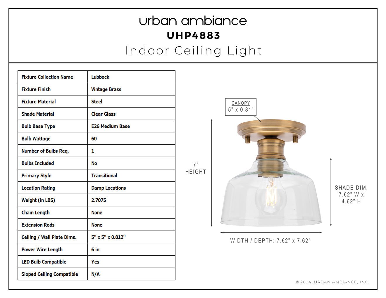 UHP4883 Transitional Indoor Ceiling Light, 7''H x 7-5/8
