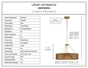 Urban Ambiance - Pendant - UHP5034 Modern Rustic Indoor Pendant, 13 - 3/8''H x 16 - 1/4