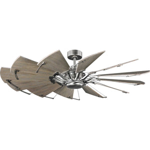 The Urban Ambiance UHP9021 Traditional Indoor Ceiling Fan from the Saybrook Collection features multiple wide, white barnwood blades arranged in a circular, windmill-inspired design and an aged nickel central fixture, measuring 17.3″H x 60″W and shown from below.