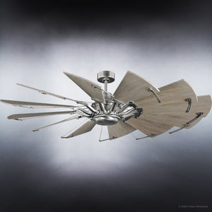 The Urban Ambiance UHP9021 Traditional Indoor Ceiling Fan from the Saybrook Collection features multiple white barnwood blades in a unique, layered design, set on a metallic base with an aged nickel finish and measuring 17.3″ high by 60″ wide, shown against a gradient background.
