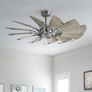 The Urban Ambiance UHP9021 Traditional Indoor Ceiling Fan from the Saybrook Collection features an aged nickel hub paired with multiple white barnwood blades in a windmill-inspired design, elegantly mounted on a white ceiling in a modern room.