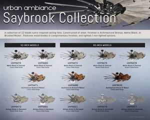 Urban Ambiance’s Saybrook Collection features the UHP9021 Traditional Indoor Ceiling Fan, measuring 17.3″ high by 60″ wide. Showcased in an aged nickel finish with white barnwood blades, this windmill-inspired model is available in multiple finishes and blade color options, with item numbers listed beneath each fan image.