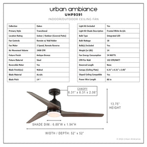 Urban Ambiance - Ceiling Fan - UHP9391 Transitional Indoor Ceiling Fan, 13 - 3/4''H x 52