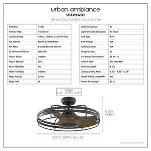 Urban Ambiance - Ceiling Fan - UHP9401 Urban Loft Indoor Ceiling Fan, 13 - 5/8''H x 26