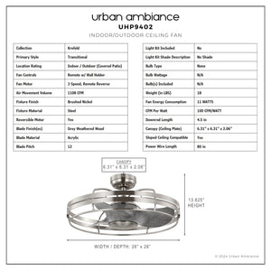 Urban Ambiance - Ceiling Fan - UHP9402 Urban Loft Indoor Ceiling Fan, 13 - 5/8''H x 26